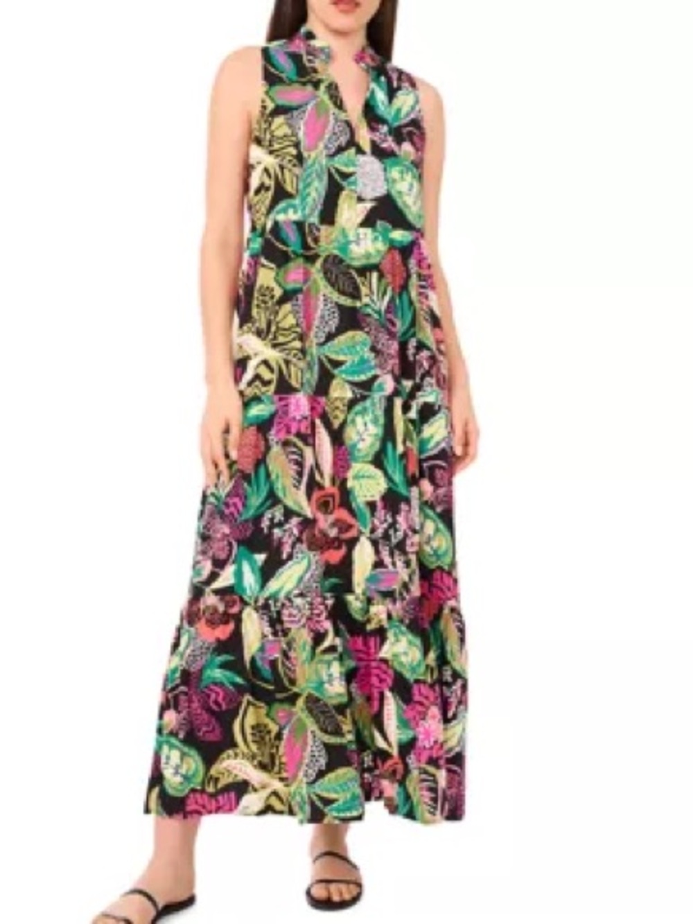 Vince Camuto Black Sleeveless Maxi Dress with Neon Tropical Print Size S